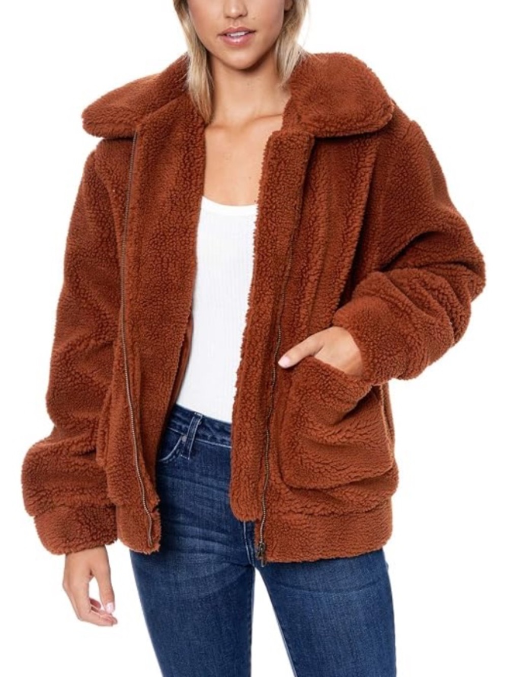 ELODIE Women's Fuzzy Faux Shearling Teddy Bear Jacket - Size Medium